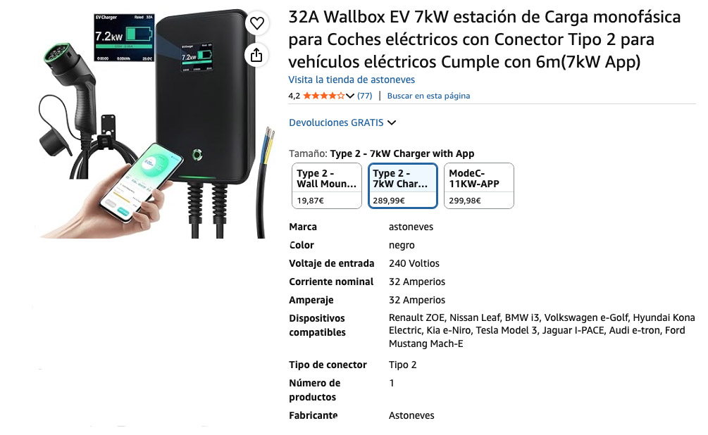 Especificaciones del producto, Wallbox EV 7kW estación de Carga, valoraciones en Amazon.