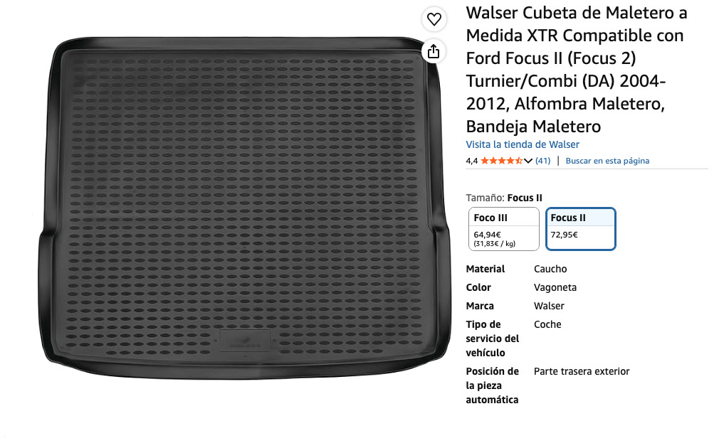 Protector de maletero Walser para Ford Focus, especificaciones del producto.