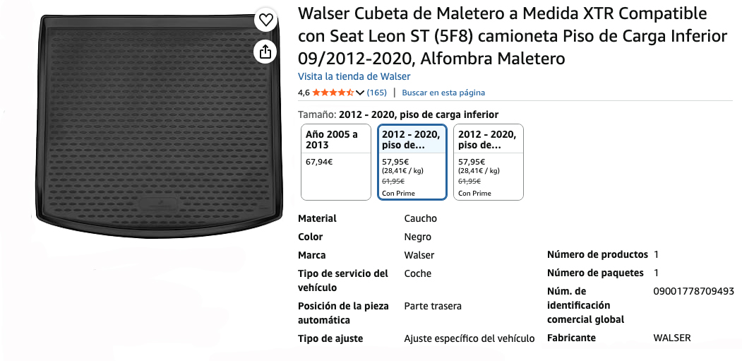 Especificaciones del producto, Walser Protector Maletero seat leon, valoraciones en Amazon.