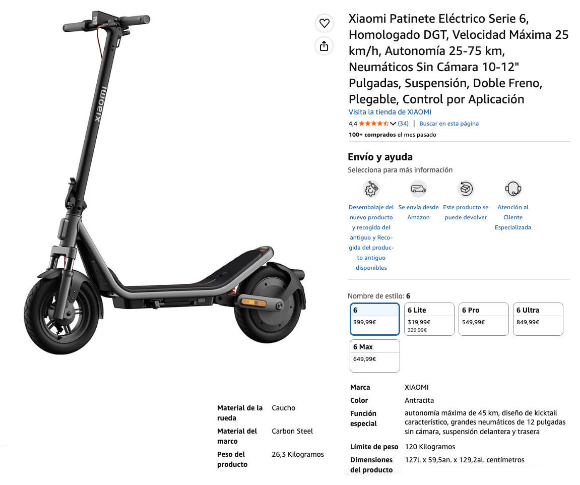 Patinete Eléctrico y sus especificaciones del modelo, Xiaomi Patinete Eléctrico Serie 6.