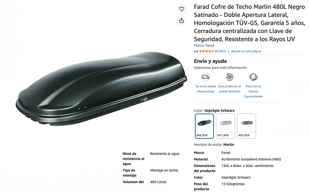 Especificaciones del producto Cofre de techo Frad para Hyundai Tucson, color negro.