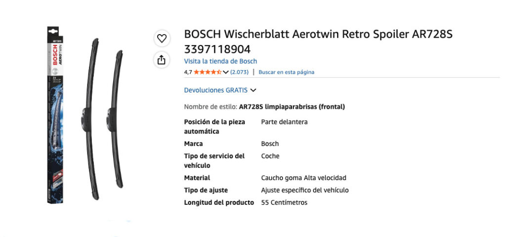 Escobillas limpiaparabrisas Bosch Bosch Wischerblatt Aerotwin, especificaciones y valoración en Amazon.