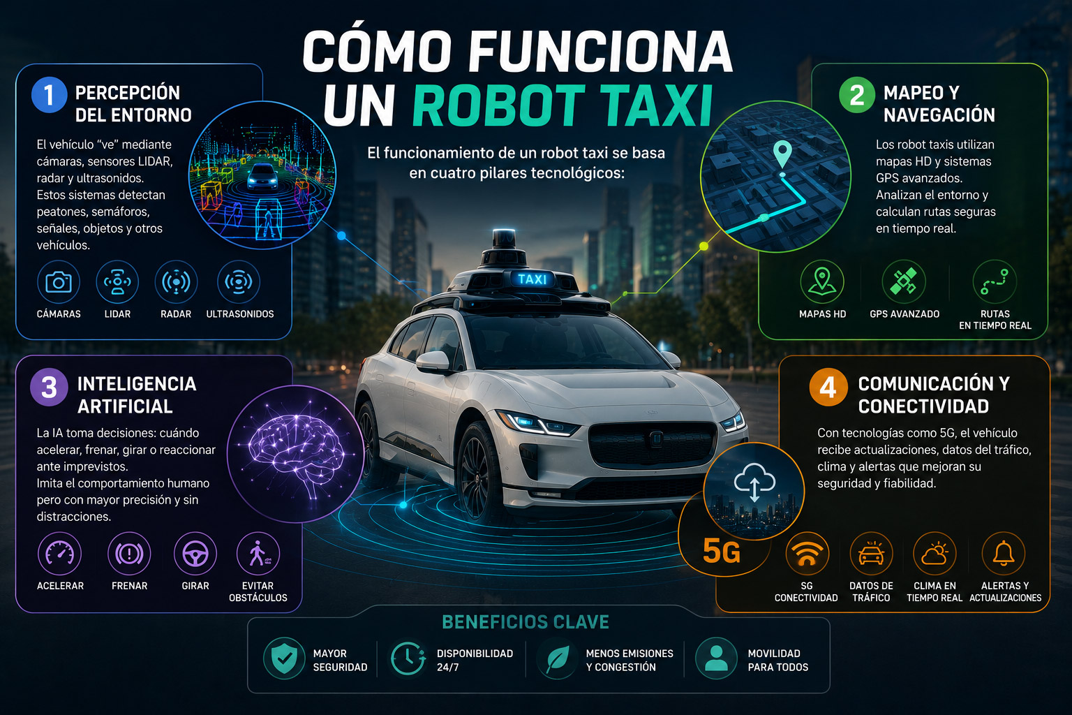 Vehículo robotaxi, datos de los sensores, percepción, mapeo, comunicación.