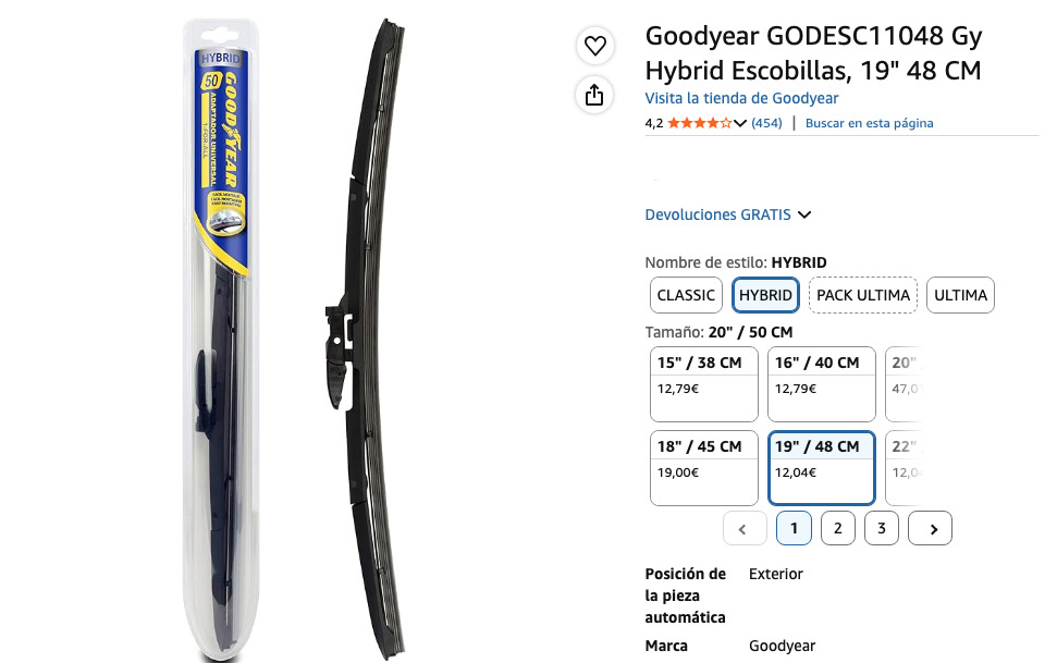 Escobillas limpiaparabrisas Goodyear Hybrid, especificaciones y valoración en Amazon.