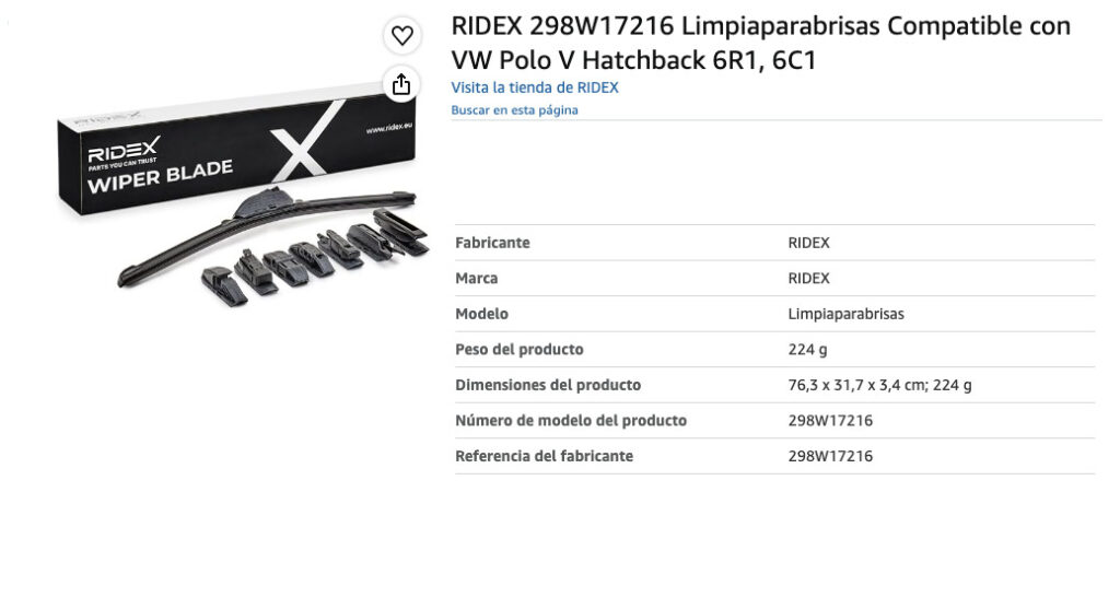 Escobillas limpiaparabrisas Ridex 298W, especificaciones y valoración en Amazon.