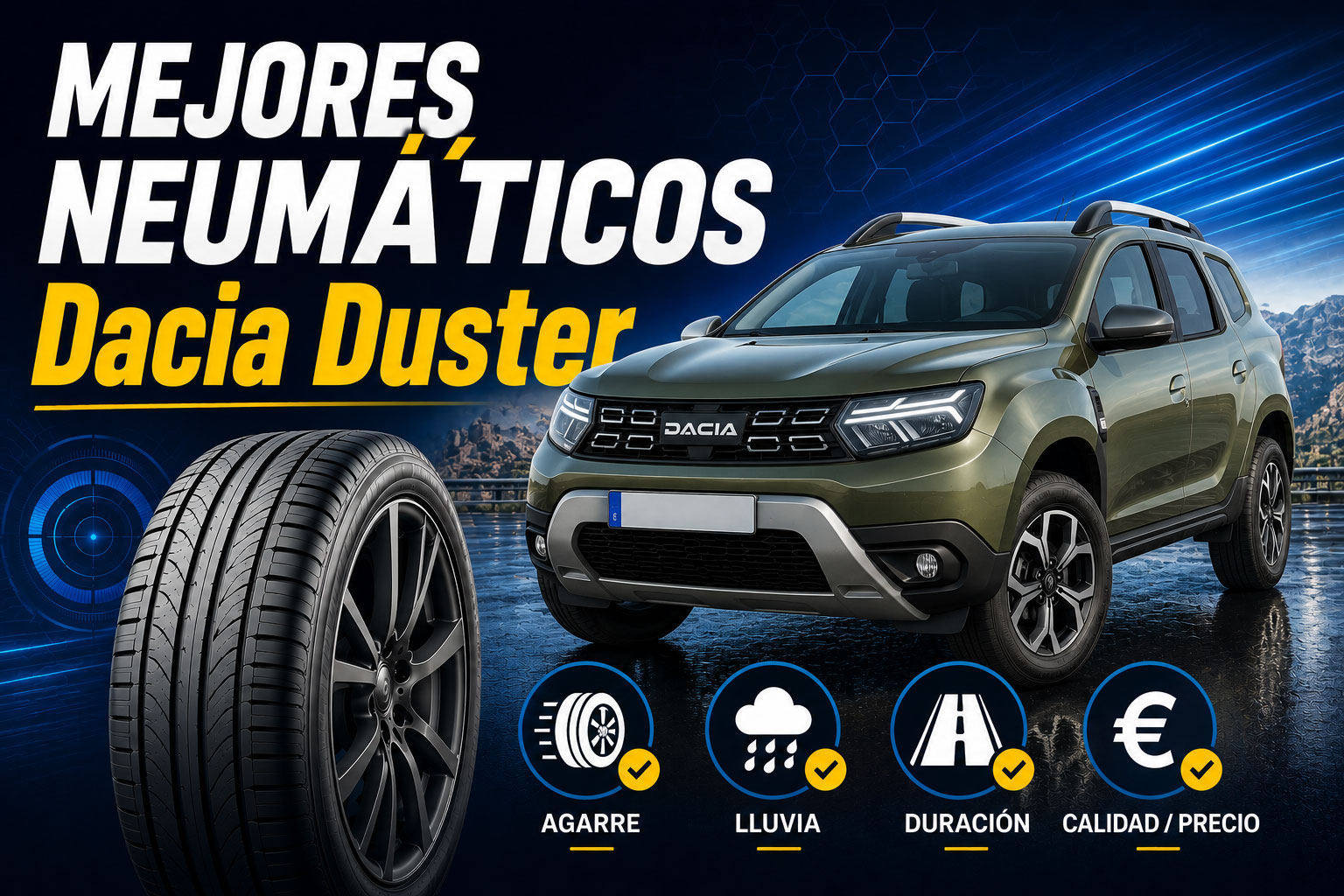 Comparativa de los mejores neumáticos para Ford Fiesta con un neumático en primer plano y un Dacia Duster verdede fondo.