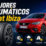 Imagen destacada de la comparativa de los mejores neumáticos para Seat Ibiza con un neumático en primer plano y un Seat Ibiza de fondo.